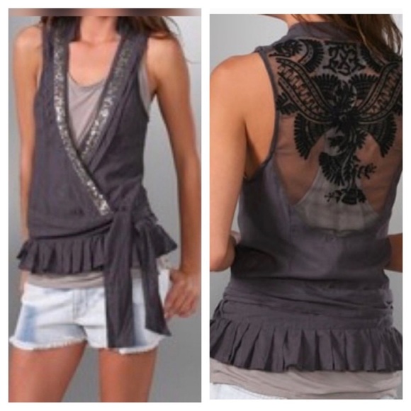 Free People Metal and Lace Wrap Top Sequin Peplum - Picture 2 of 10